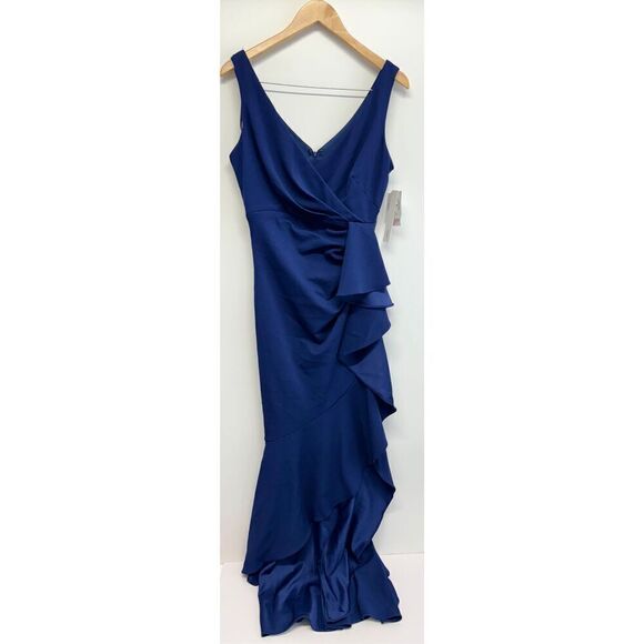 Aqua Cascade Ruffle Gown Size 8 Blue Ruffle V Neck Maxi Evening‎ Gown NEW - Picture 2 of 10
